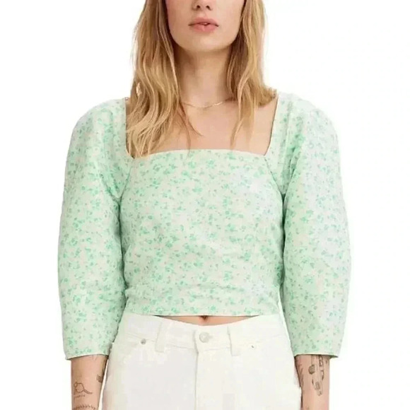 Levi’s Women’s Floral Puff Sleeve Smocked Back Yvie Blouse Size Large NWT - Picture 1 of 11